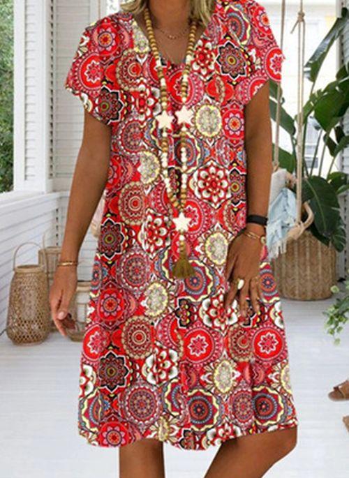 DS11055 Casual Floral Tunic V Neckline A line Dress