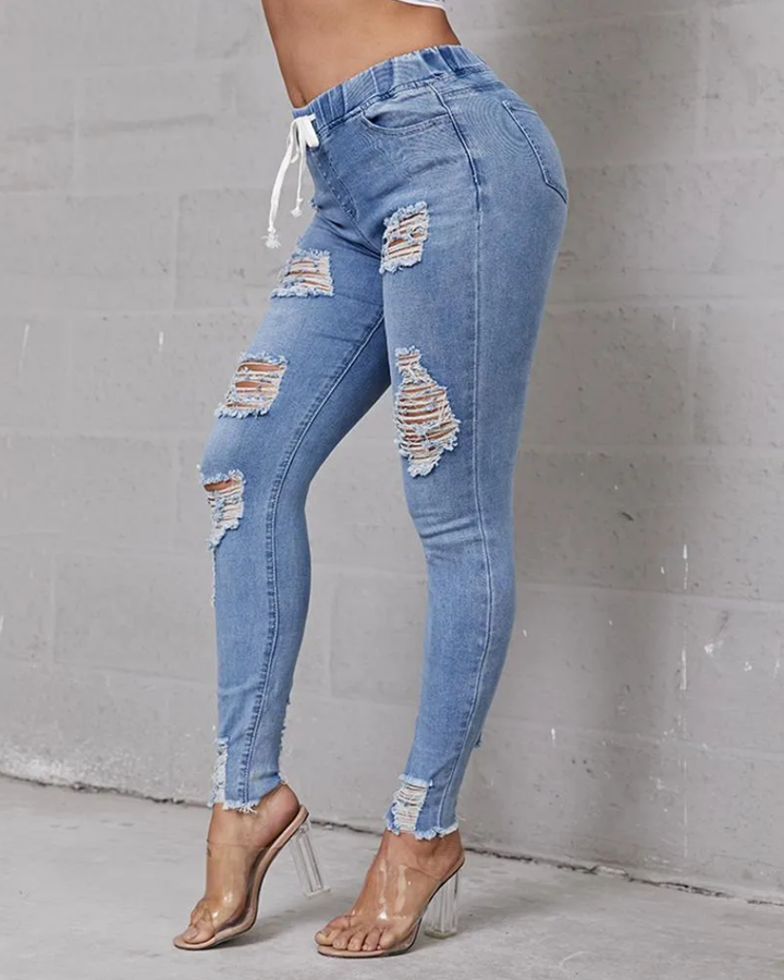 Plus Extreme Distressed Drawstring Waist Jeans