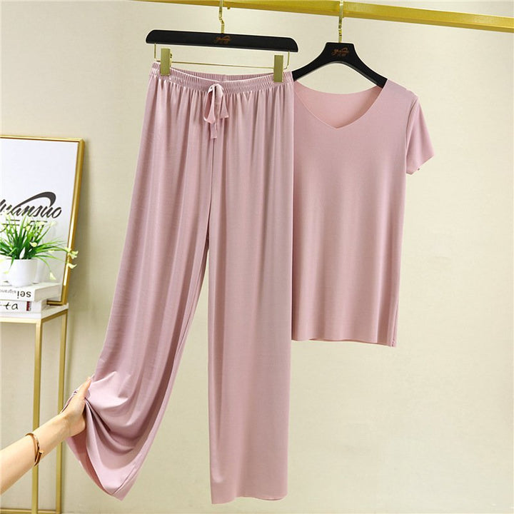 Soft comfortable Ice Silk Short Sleeve T Shirt Two Piece Set loose wide leg pants