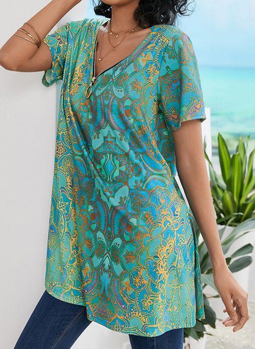 BL10364 Floral Casual V Neckline Short Sleeve Blouses