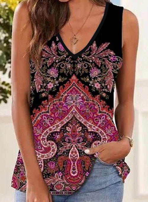 TK10108 Floral Casual V Neckline Sleeveless Blouses
