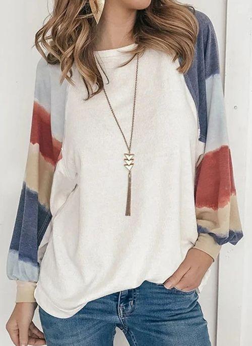 BL10342 Color Block Spring Round Neckline Long Sleeve Blouses