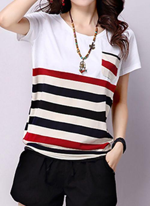 TP10271 Stripe Round Neck Short Sleeve Casual T shirts