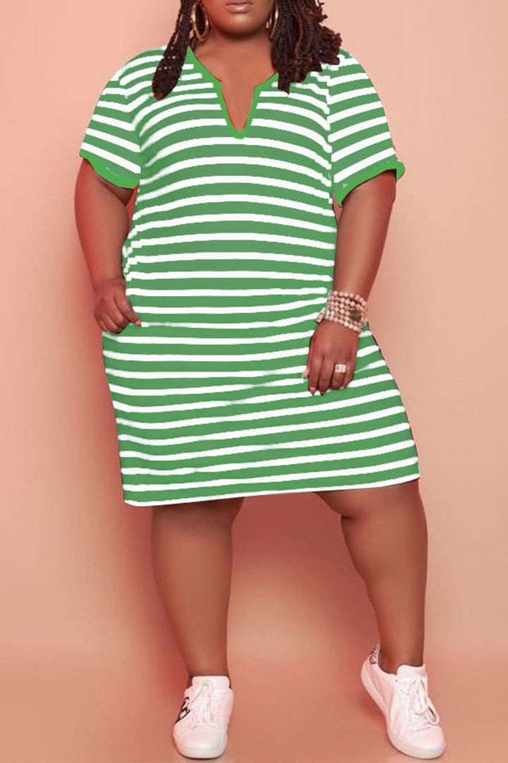 V Neck Striped Plus Size Casual Mini Dress