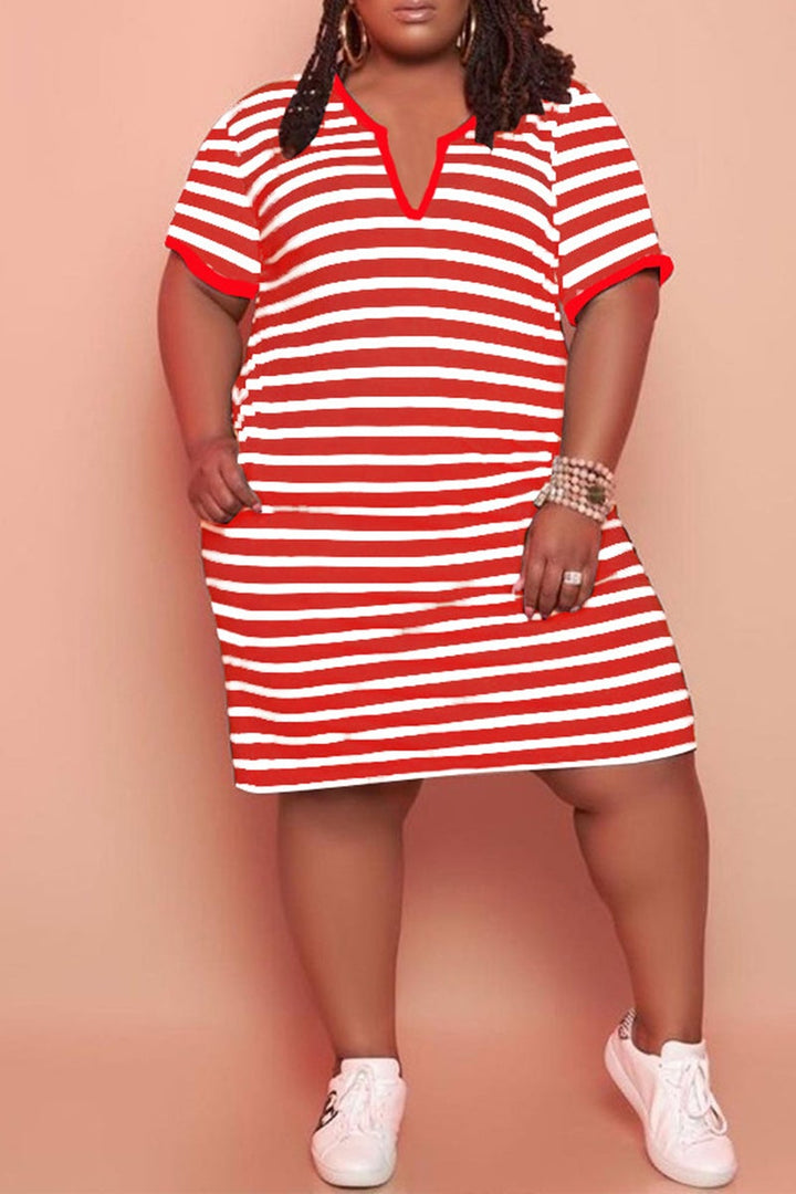 V Neck Striped Plus Size Casual Mini Dress