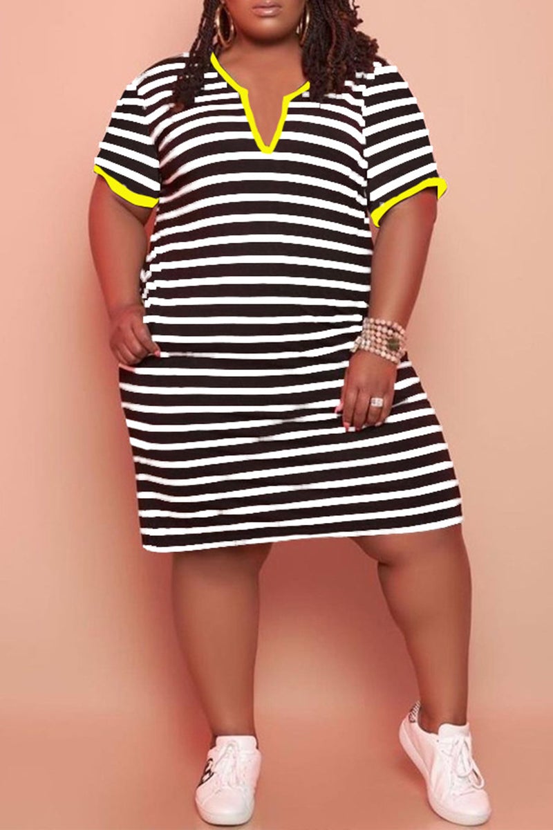 V Neck Striped Plus Size Casual Mini Dress