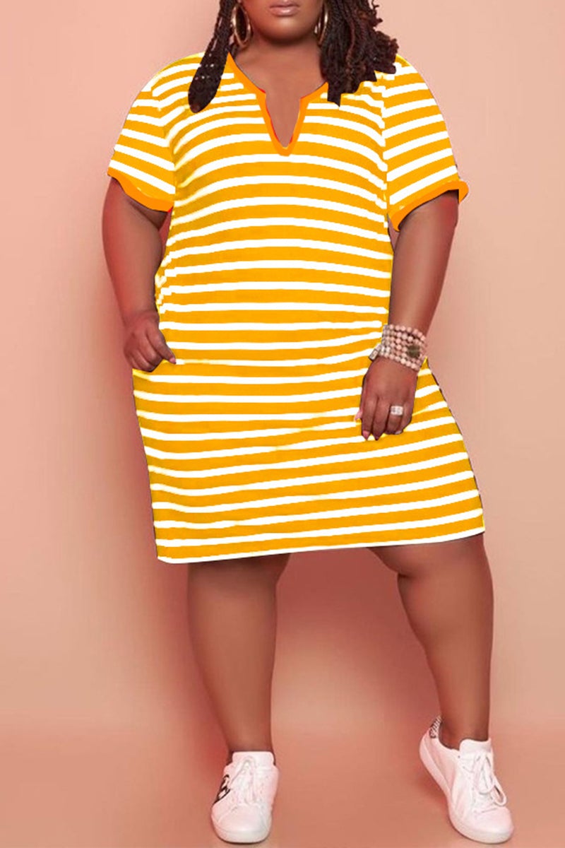 V Neck Striped Plus Size Casual Mini Dress