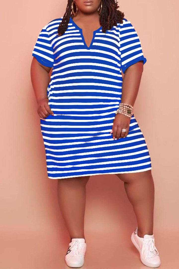 V Neck Striped Plus Size Casual Mini Dress