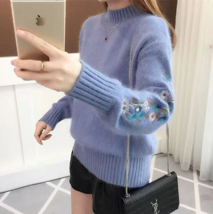 Solid Round Neck Fluffy Cashmere Knitting Sweater