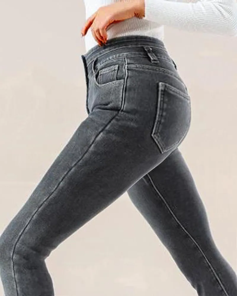 Patched Thermal Lined Button Front Zip Fly Skinny Jeans