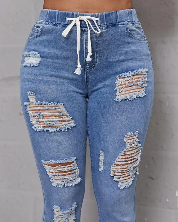 Plus Extreme Distressed Drawstring Waist Jeans