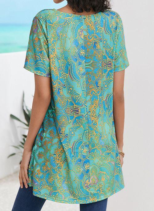 BL10364 Floral Casual V Neckline Short Sleeve Blouses