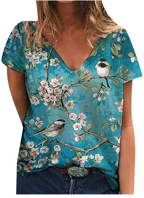 TP10258 Floral V Neckline Short Sleeve Casual T shirts