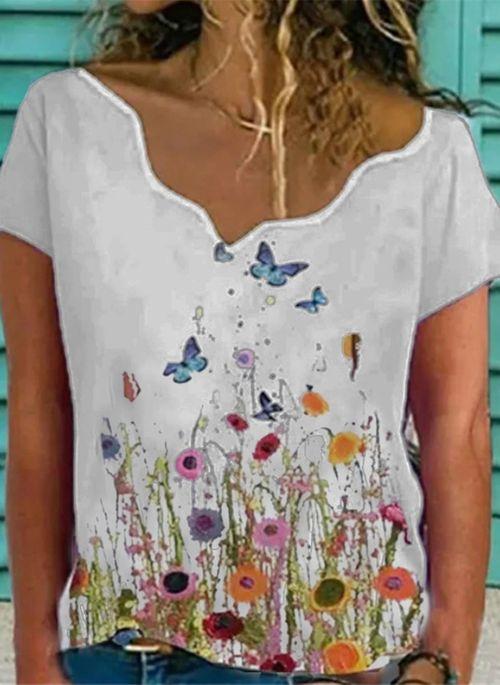 TP10293 Floral V Neckline Short Sleeve Casual T shirts