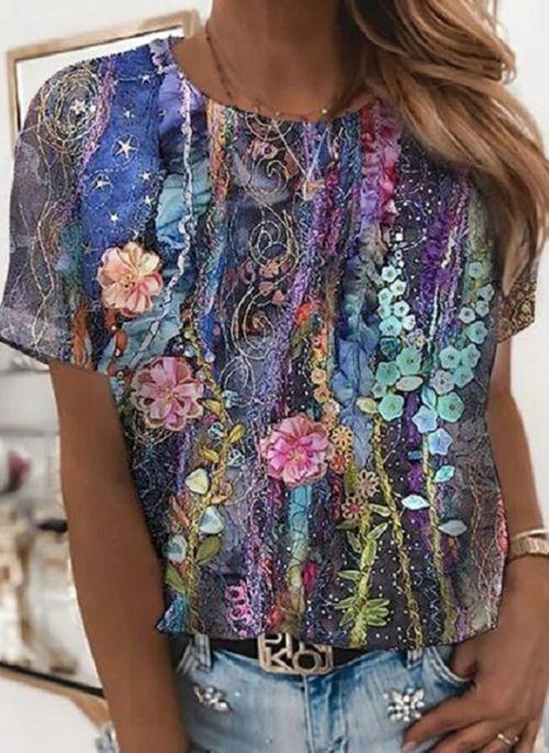 TP10289 Floral Round Neck Short Sleeve Casual T shirts