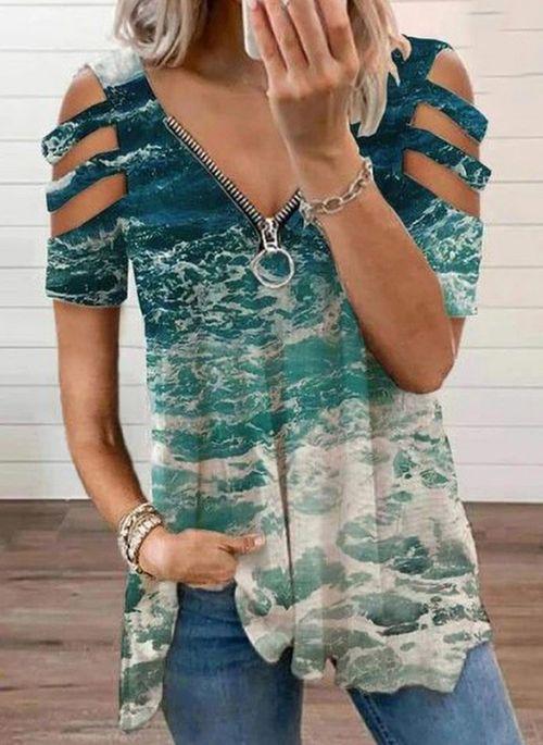 BL10366 Color Block Casual V Neckline Short Sleeve Blouses