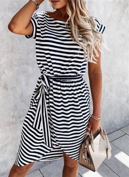 DS10430 Casual Stripe Skater Round Neckline X line Dress