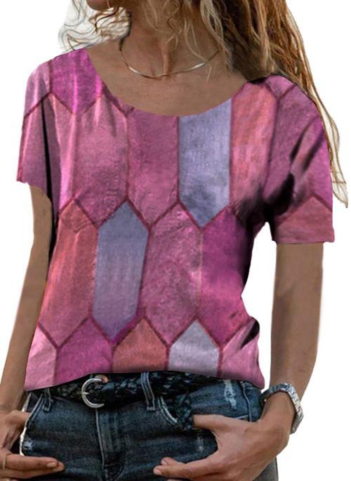 BL10378 Geometric Casual Round Neckline Short Sleeve Blouses