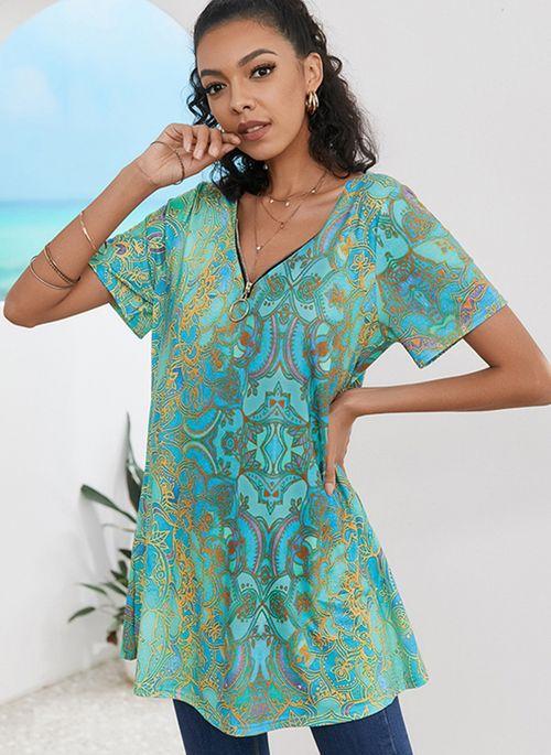 BL10364 Floral Casual V Neckline Short Sleeve Blouses
