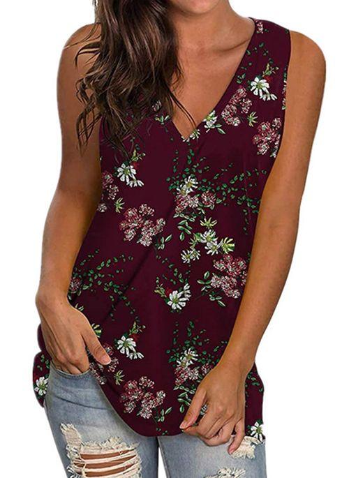 TK10107 Floral Casual V Neckline Sleeveless Blouses