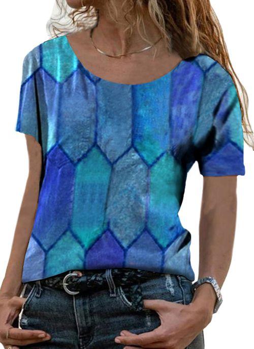 BL10378 Geometric Casual Round Neckline Short Sleeve Blouses