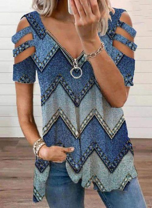 BL10366 Color Block Casual V Neckline Short Sleeve Blouses