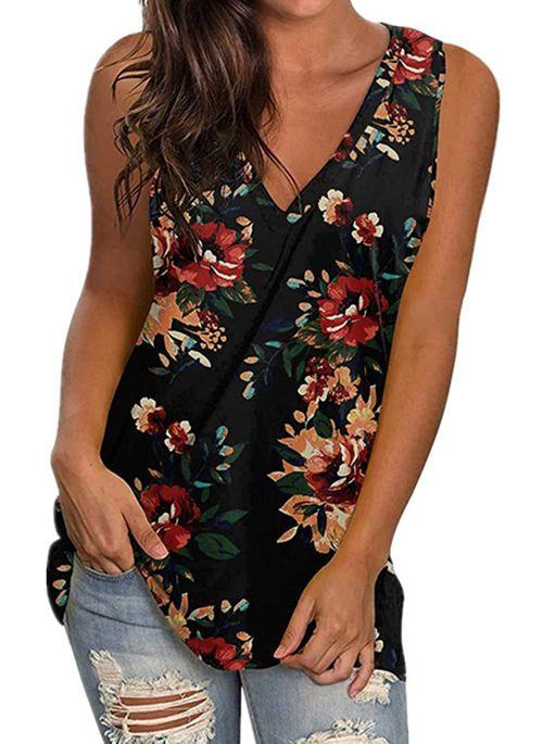 TK10107 Floral Casual V Neckline Sleeveless Blouses