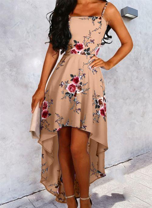 DS10435 Casual Floral Camisole Neckline High Low A line Dress