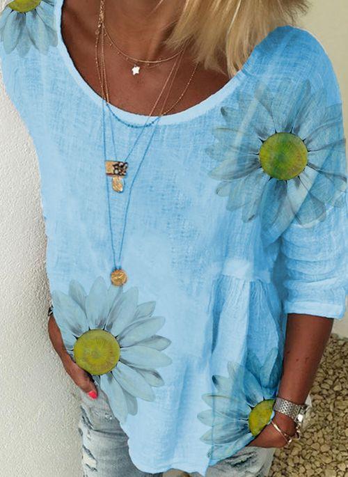 BL10347 Floral Casual Round Neckline 3 4 Sleeves Blouses