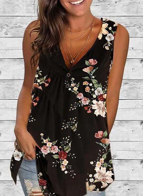 TK10109 Floral Casual V Neckline Sleeveless Blouses