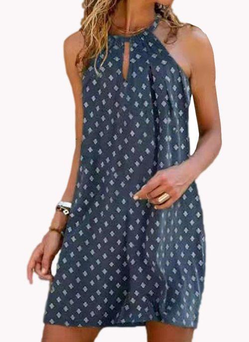 DS10431 Casual Solid Tunic Halter Neckline A line Dress