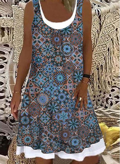 DS10440 Casual Floral Tunic Round Neckline A line Dress