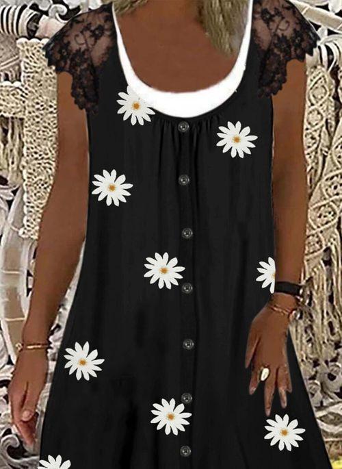 DS11088 Casual Floral Tunic Round Neckline A line Dress